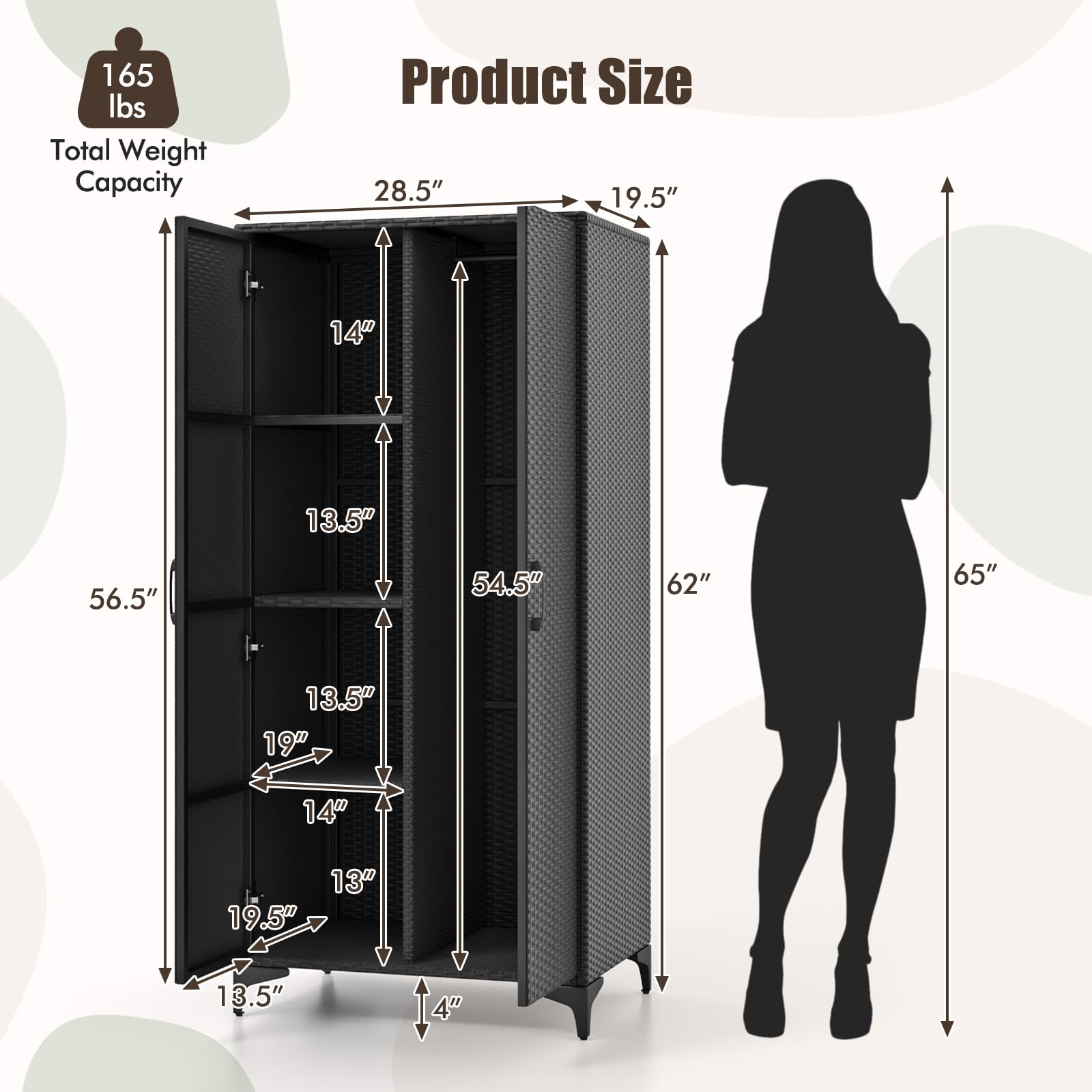 Giantex Wicker Storage Cabinet, 62” Tall Pantry Cabinet with 2 Doors, Hanging Rod, 4 Storage Cubes