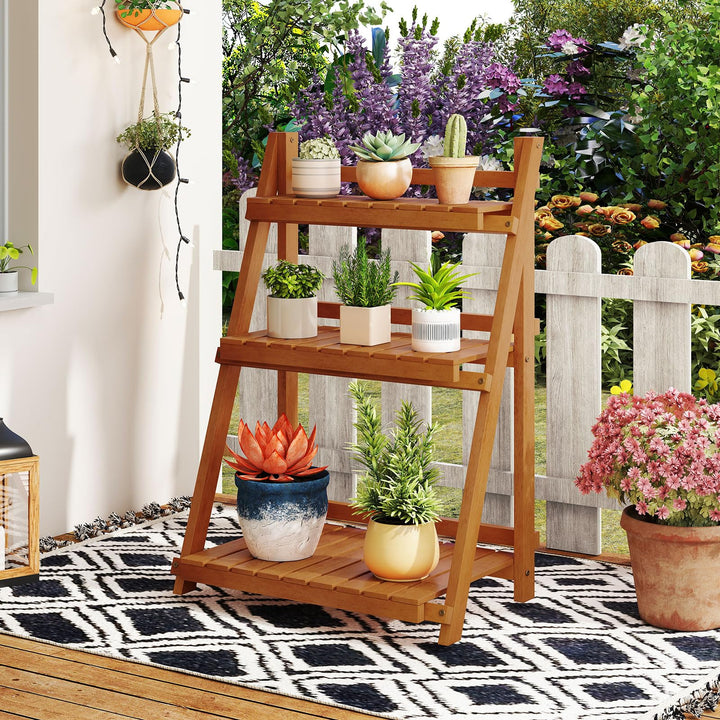 Giantex Foldable Ladder Plant Shelf 3-Tier Solid Wood Indoor Outdoor Flower Pot Display Rack