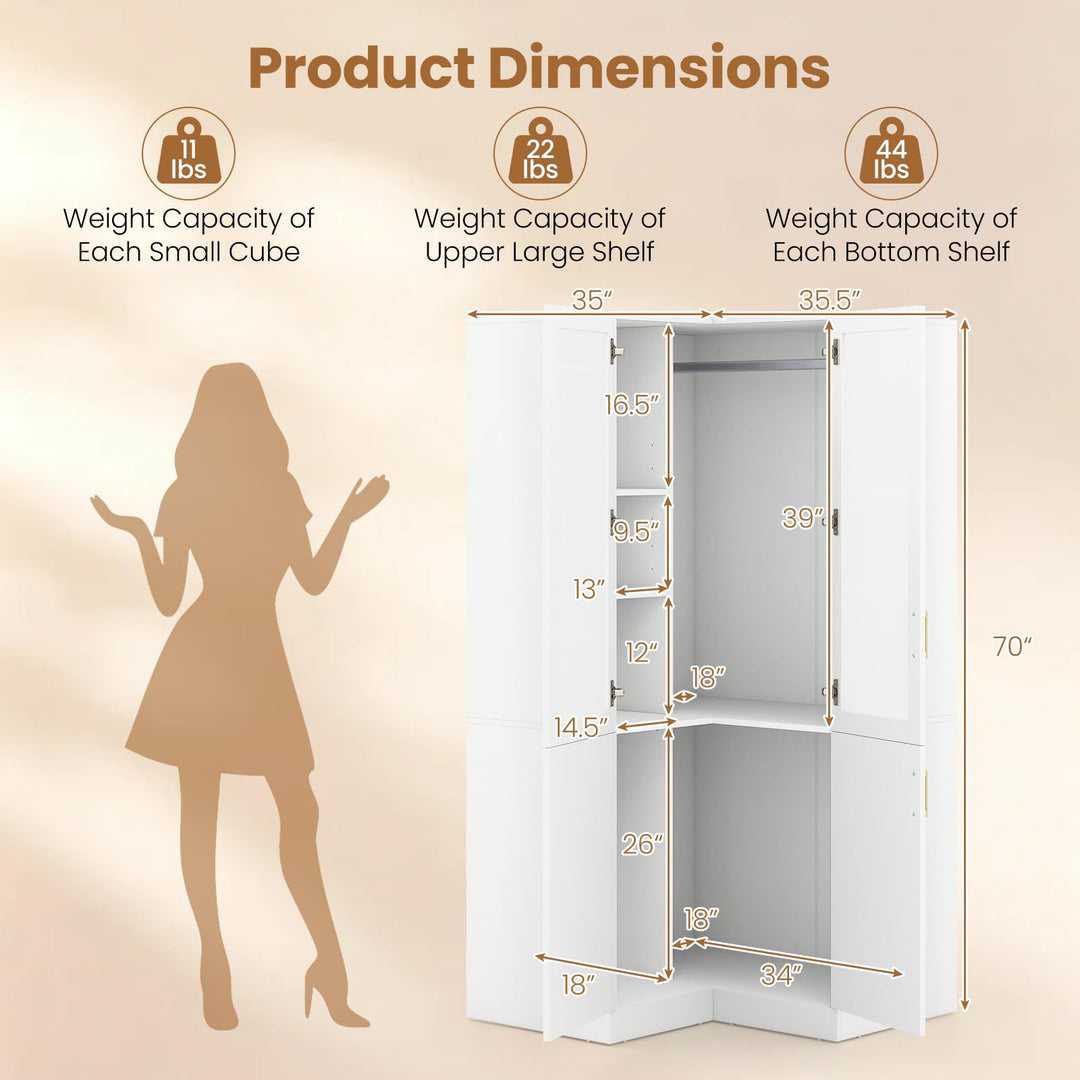 GIANTEX 70" L-shaped Armoire Wardrobe Closet with Glass Doors &amp; Adjustable Shelves