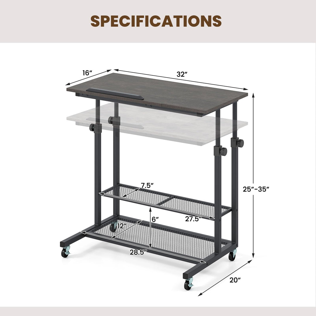 Giantex Adjustable Rolling Computer Desk with Tilting Desktop and Storage Shelves