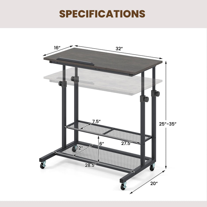 Giantex Adjustable Rolling Computer Desk with Tilting Desktop and Storage Shelves