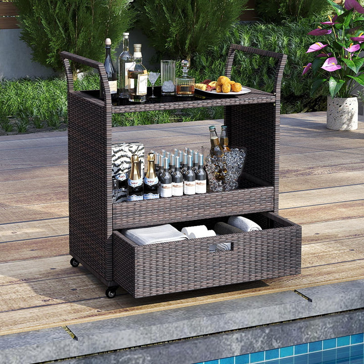 Giantex Rolling Wicker Cart W/Shelves and Big Drawer for Dining Room