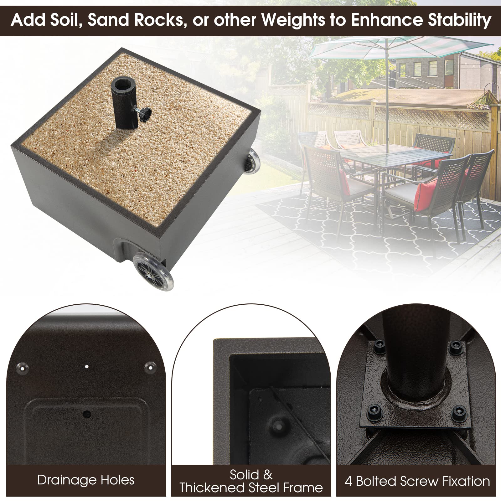 Giantex 150lbs Filled Umbrella Base with Wheels, Heavy Duty Umbrella Stand with Fillable Planter, Drainage Holes, Fit for 1.6''-2.1'' Pole
