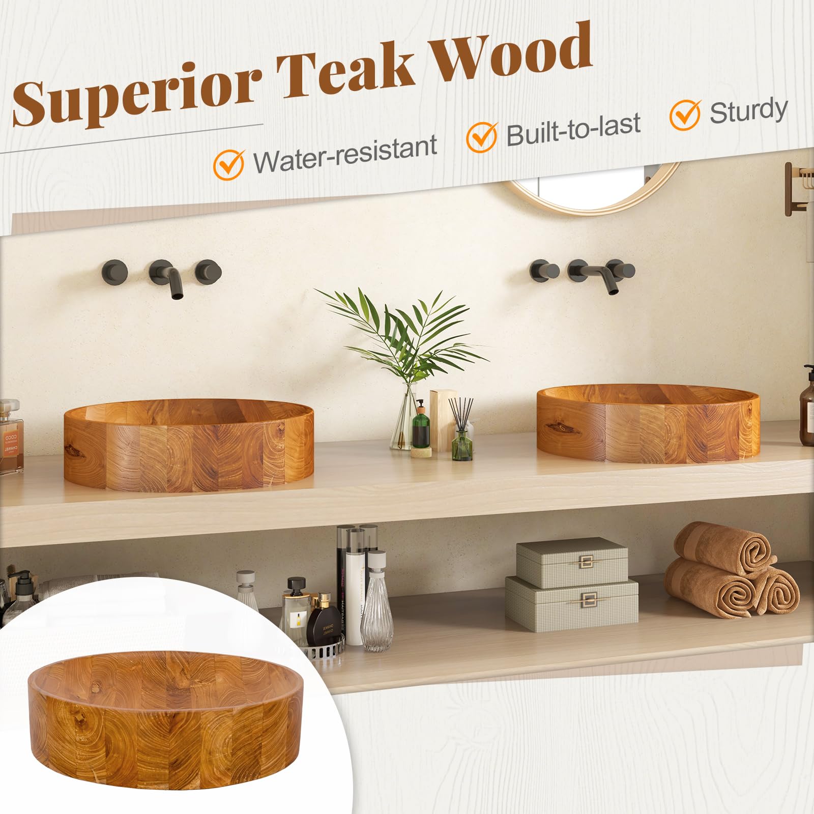 Giantex Teak Wood Vessel Sink - Bathroom Washbasin with Smooth Finish, 2.5” Drain Hole for 1 5/8" Drainage (16” x 16” x 4”)
