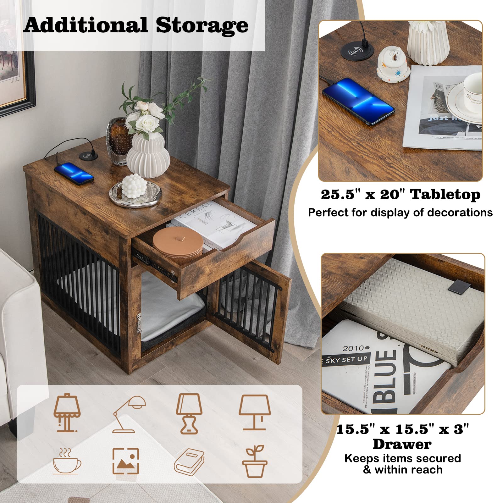 Giantex Dog Crate Furniture, Dog Kennel End Table with Chew-Proof Metal Fence, Lockable Door