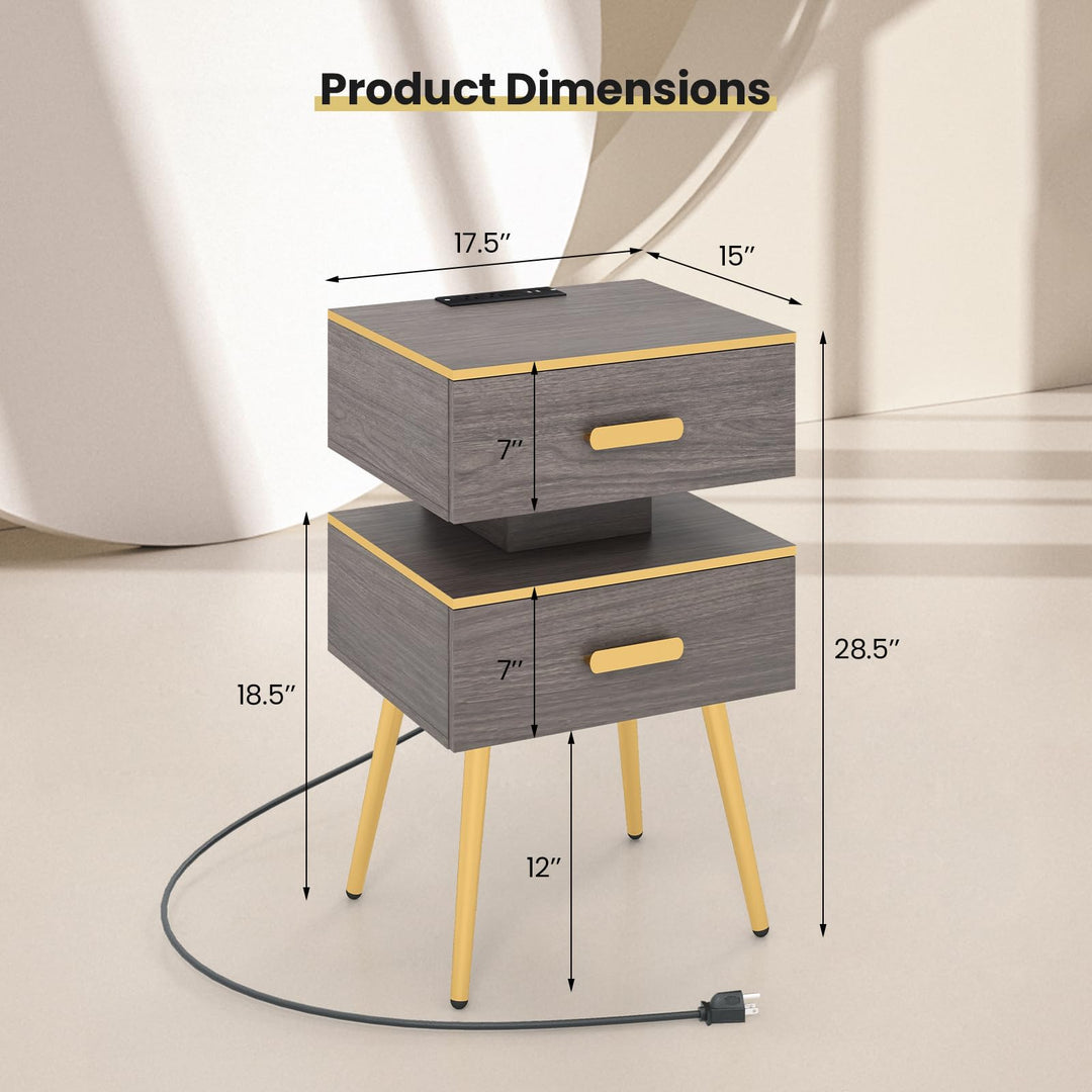 Giantex Nightstand with Charging Station & LED Lights, 28.5" Bedside Table with 2 Drawers