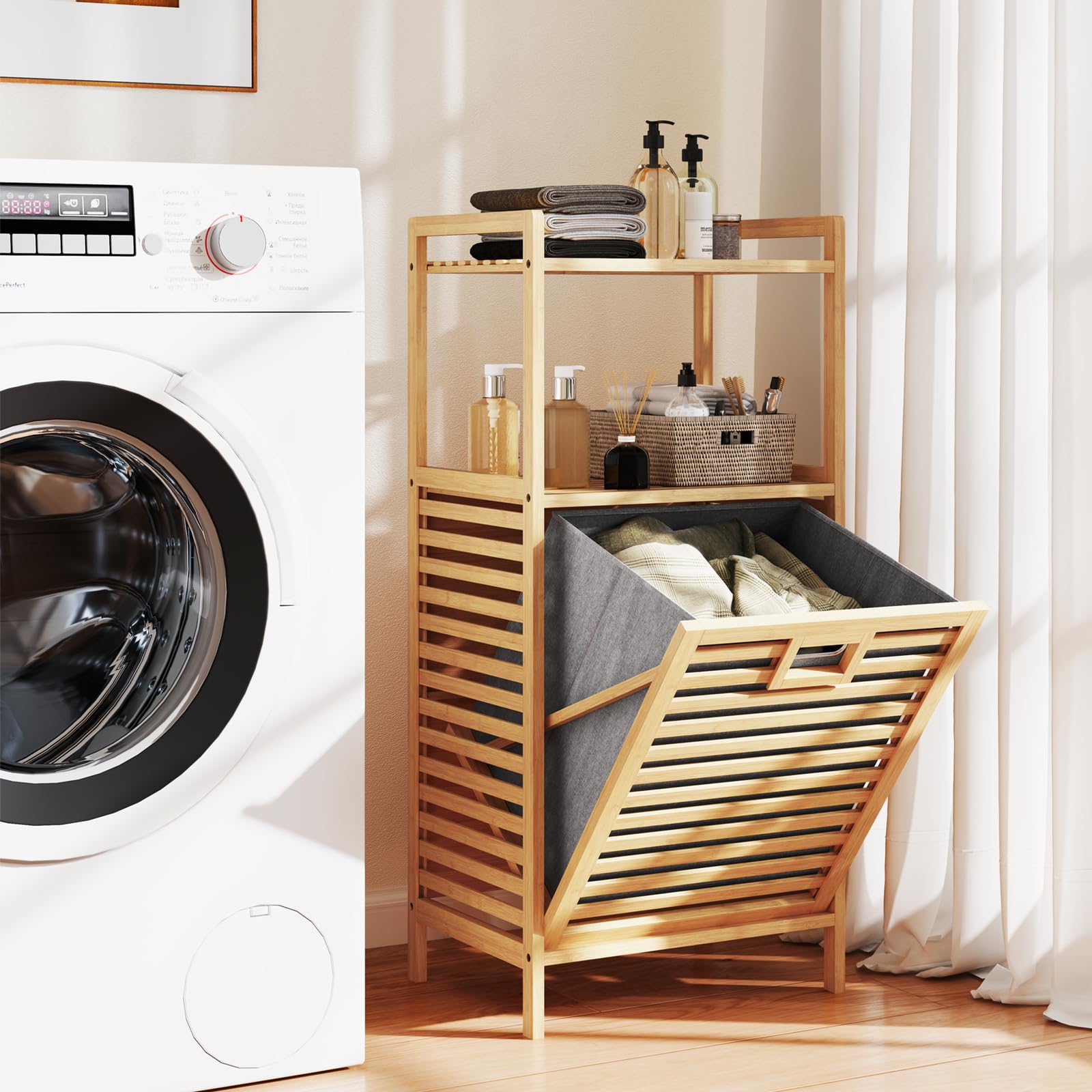 Giantex Tilt Out Laundry Hamper Bamboo Laundry Storage Cabinet with 2-Tier Storage Shelves