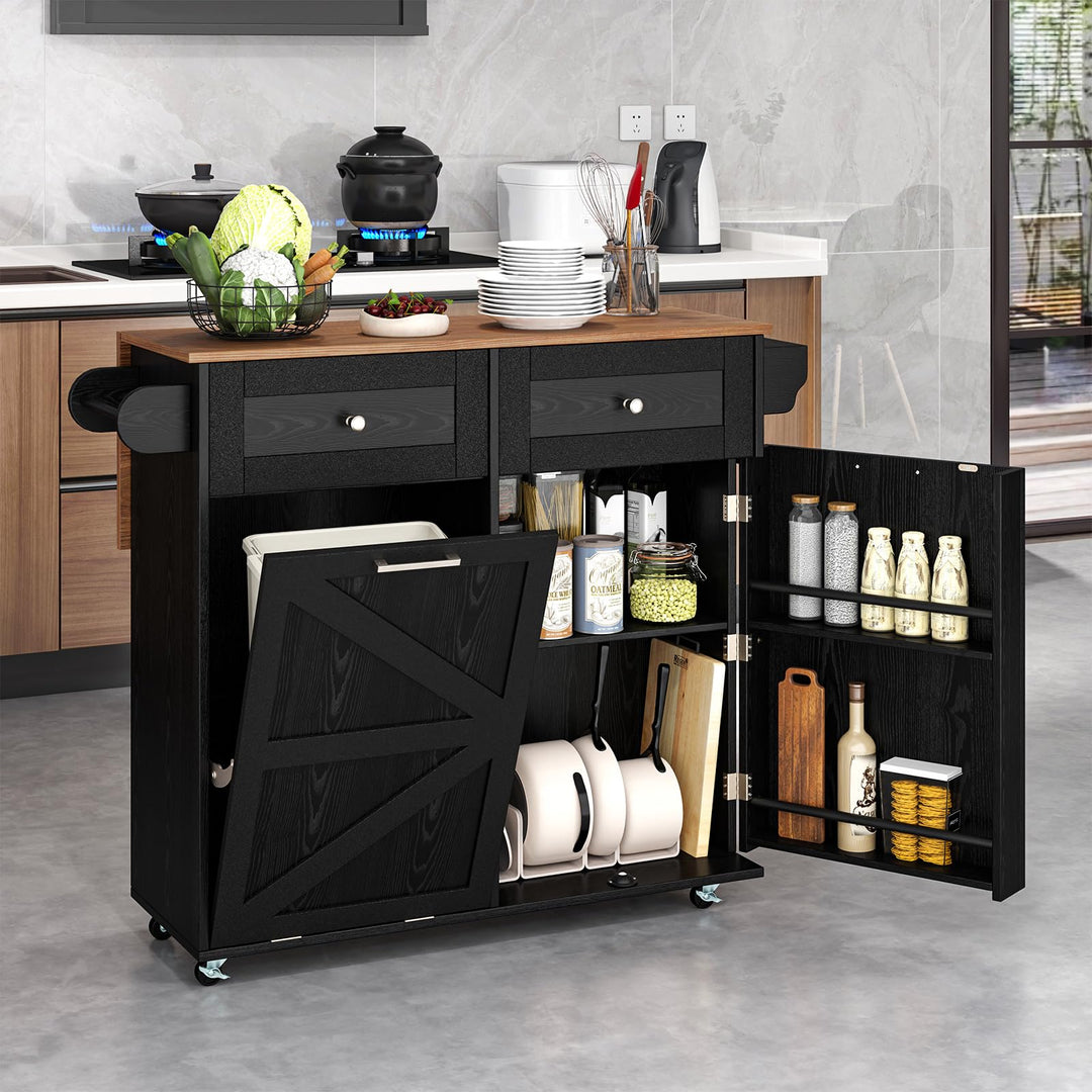 Giantex Kitchen Island Cart with Hidden Tilt Out Trash Can Cabinet, Drop Leaf, 2 Drawers, Towel Rack