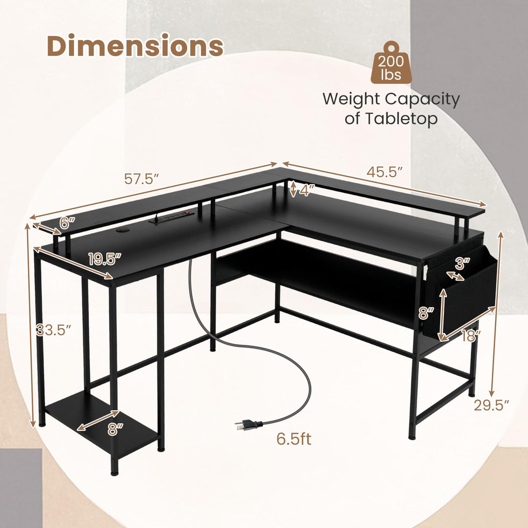 Giantex L Shaped Desk with LED Light & Power Outlets Ergonomic Home Office Desk