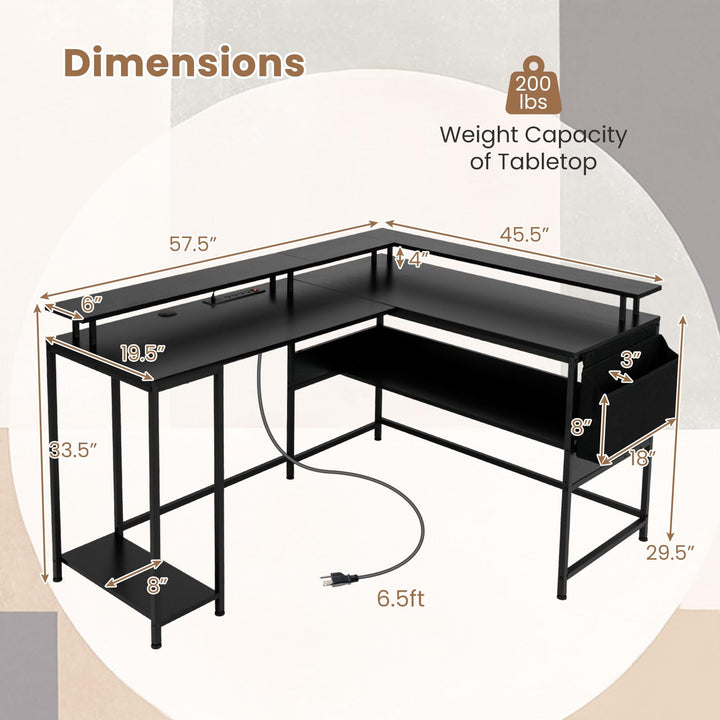 Giantex L Shaped Desk with LED Light & Power Outlets Ergonomic Home Office Desk