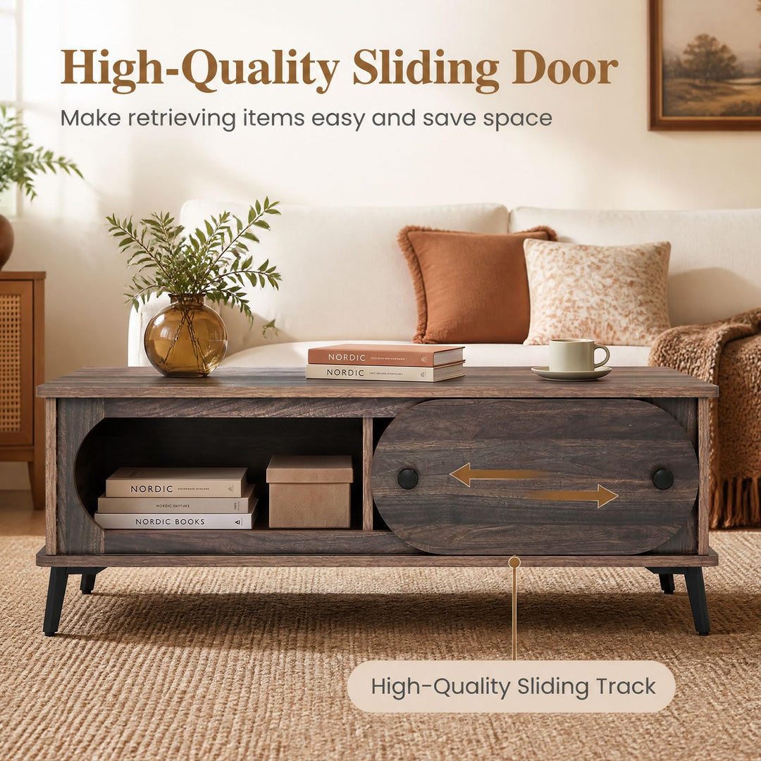 GIANTEX Mid Century Modern Wood Coffee Table with Storage &amp; Sliding Door