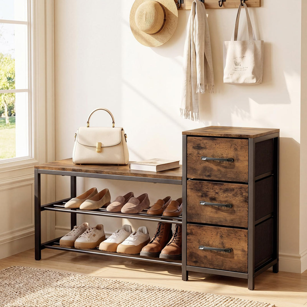 Giantex 3-Tier Industrial Shoe Storage Bench with 3 Removable Fabric Drawers