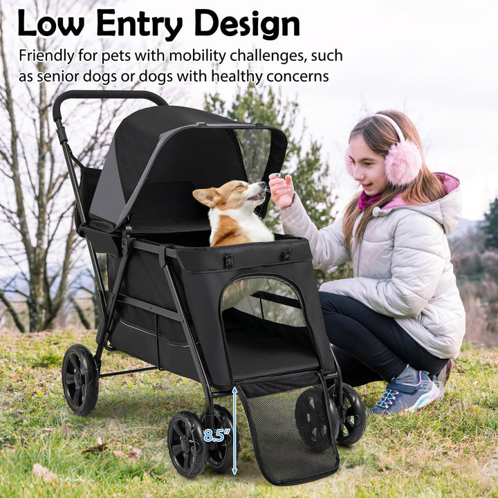 Giantex Dog Stroller with Low Entry & Ramp Access, Cat Stroller with Lockable & Shock-Absorbing All-Terrain Wheels