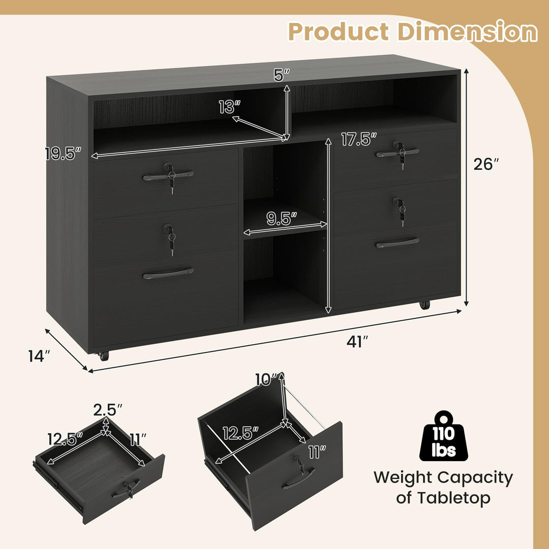 Giantex 4-Drawer Lateral File Cabinet with Lock & 5 Rolling Wheels (2 Lockable)