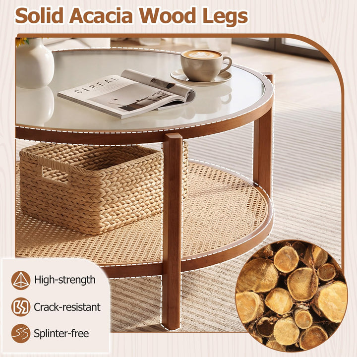 Giantex 35" Rattan Farmhouse Glass Center Table with Storage