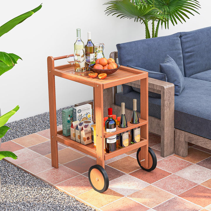 Giantex Wood Bar Cart, 2 Tier Side Table with Large Wheels & Wine Bottle Rack