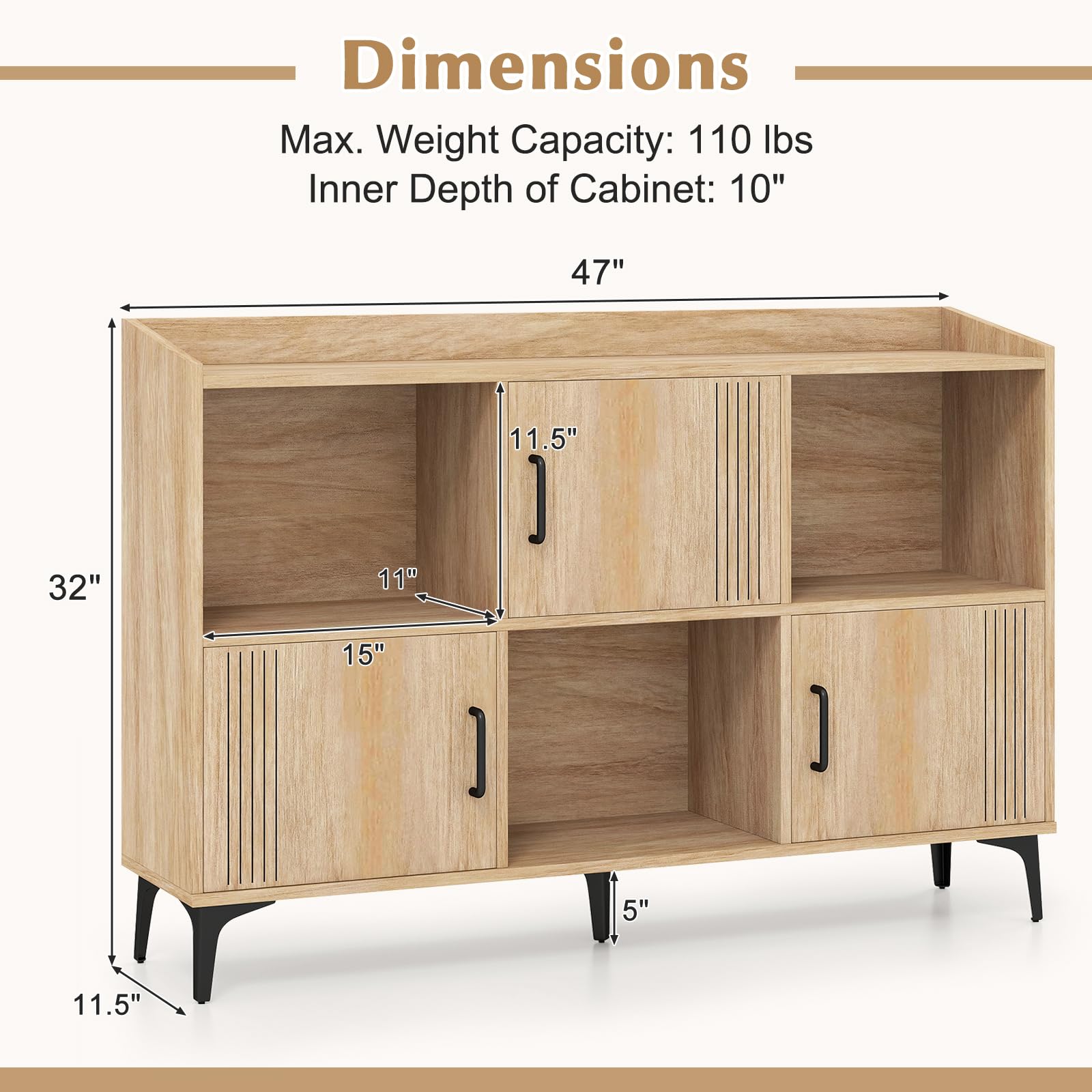 Giantex Storage Cabinet, Sideboard with 3 Doors, 3 Open Compartments, Bookcase with 5 Raised Metal Legs