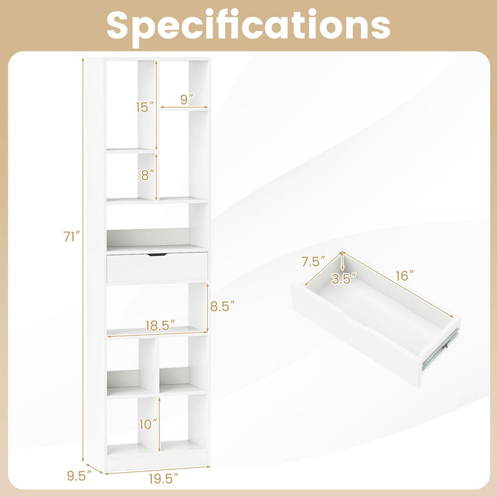 Giantex 71" Bookcase with Drawer Tall Freestanding Bookshelf with 10 Open Cubes