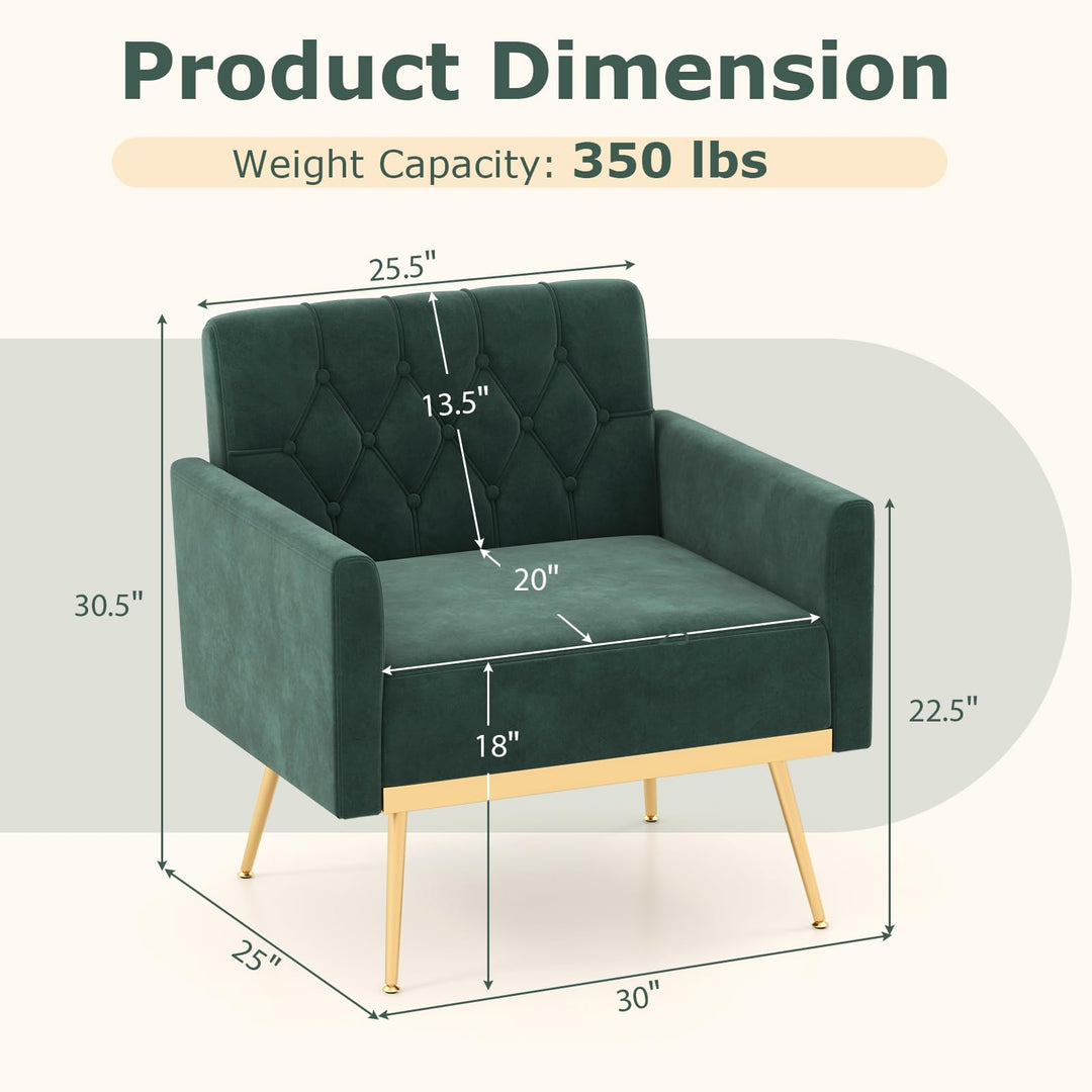 Giantex Modern Velvet Accent Chair Set of 1/2, Mid-Century Upholstered Single Sofa Chair w/Button Tufted Back