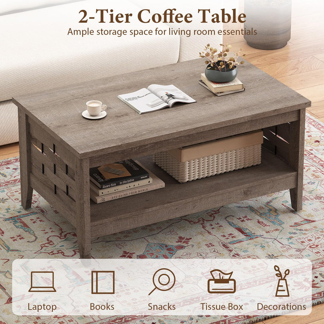 Giantex 2-Tier Farmhouse Coffee Table with Open Shelf and Woven Decorations for Living Room