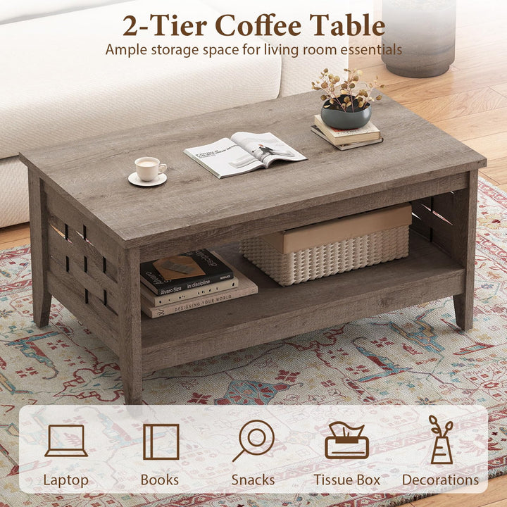 Giantex 2-Tier Farmhouse Coffee Table with Open Shelf and Woven Decorations for Living Room