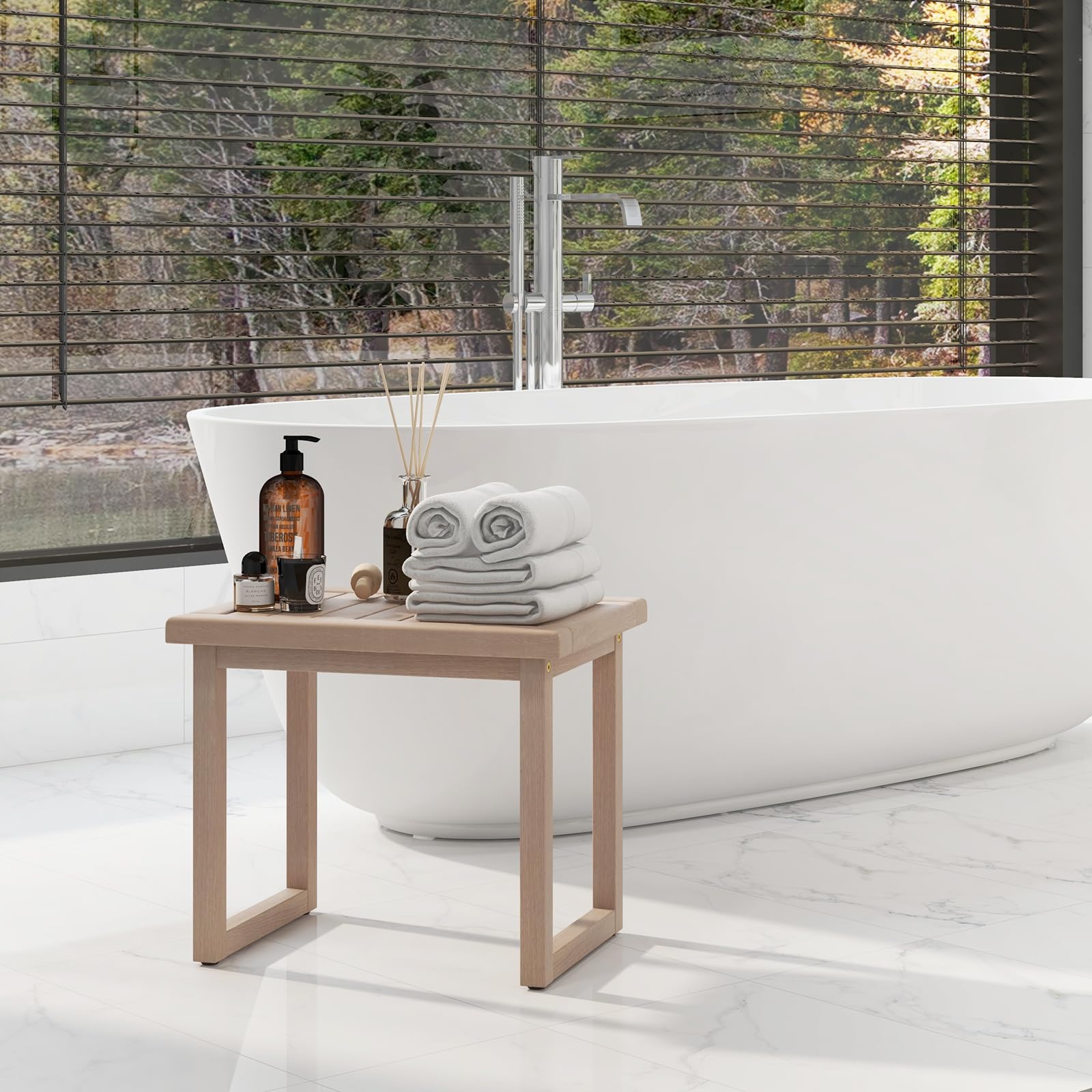 Giantex Teak Shower Bench for Inside Shower, 19" Waterproof Teak Shower Stool with Non-Slip Foot Pads