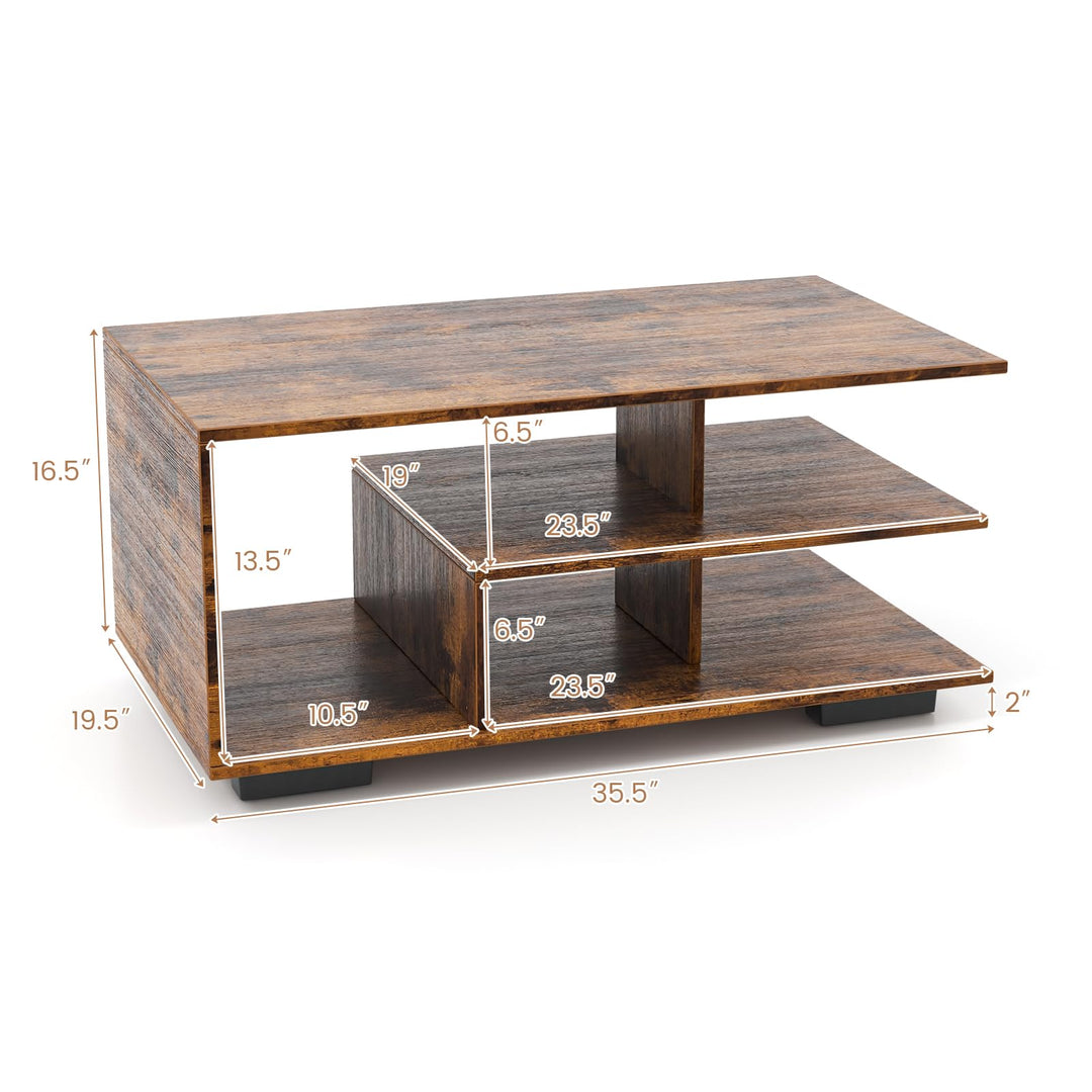 Giantex Coffee Table with Storage, Modern Rectangular Accent Table with L-shaped Middle Shelf