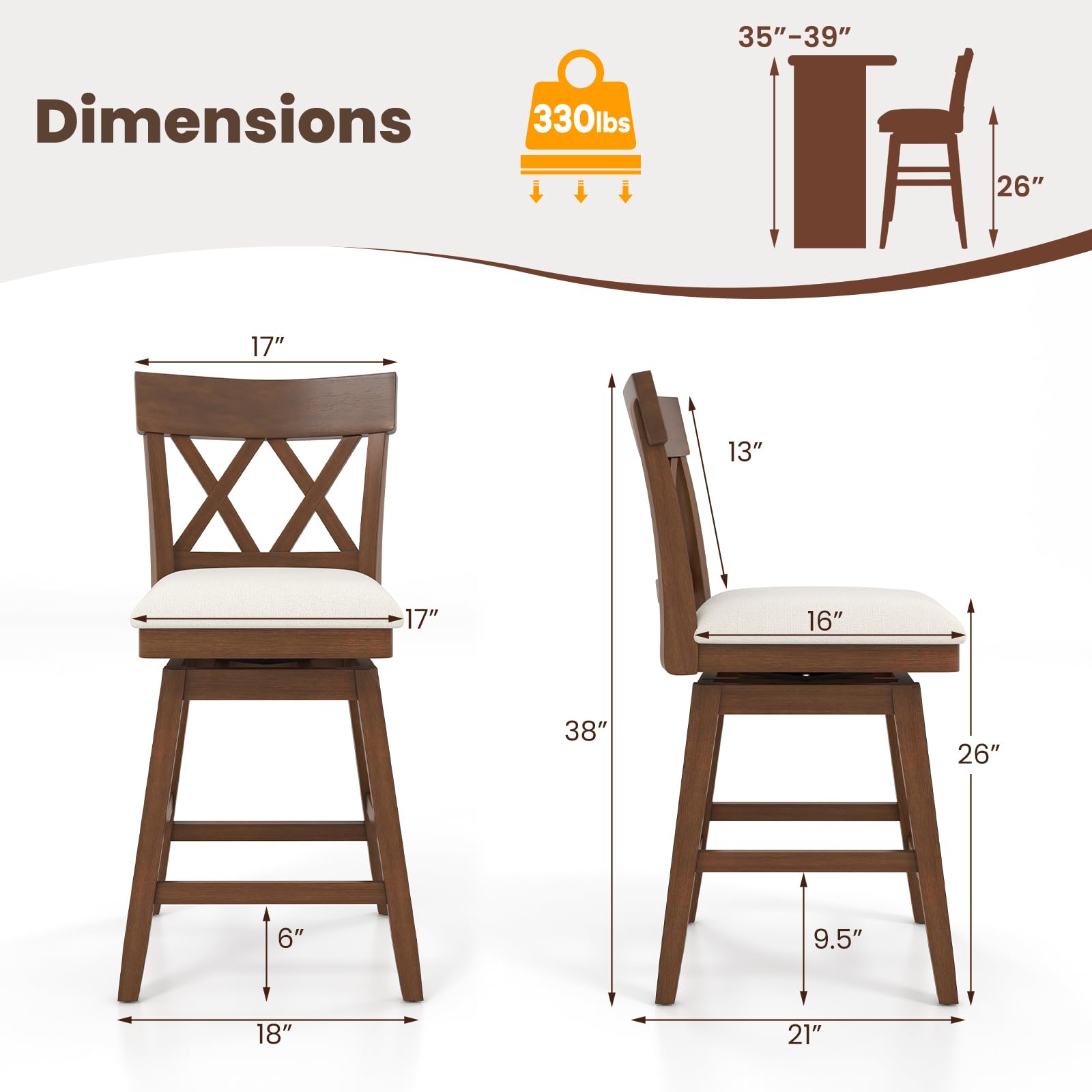 Giantex Counter Height Bar Stool with Crossed Backs and Rubber Wood Legs