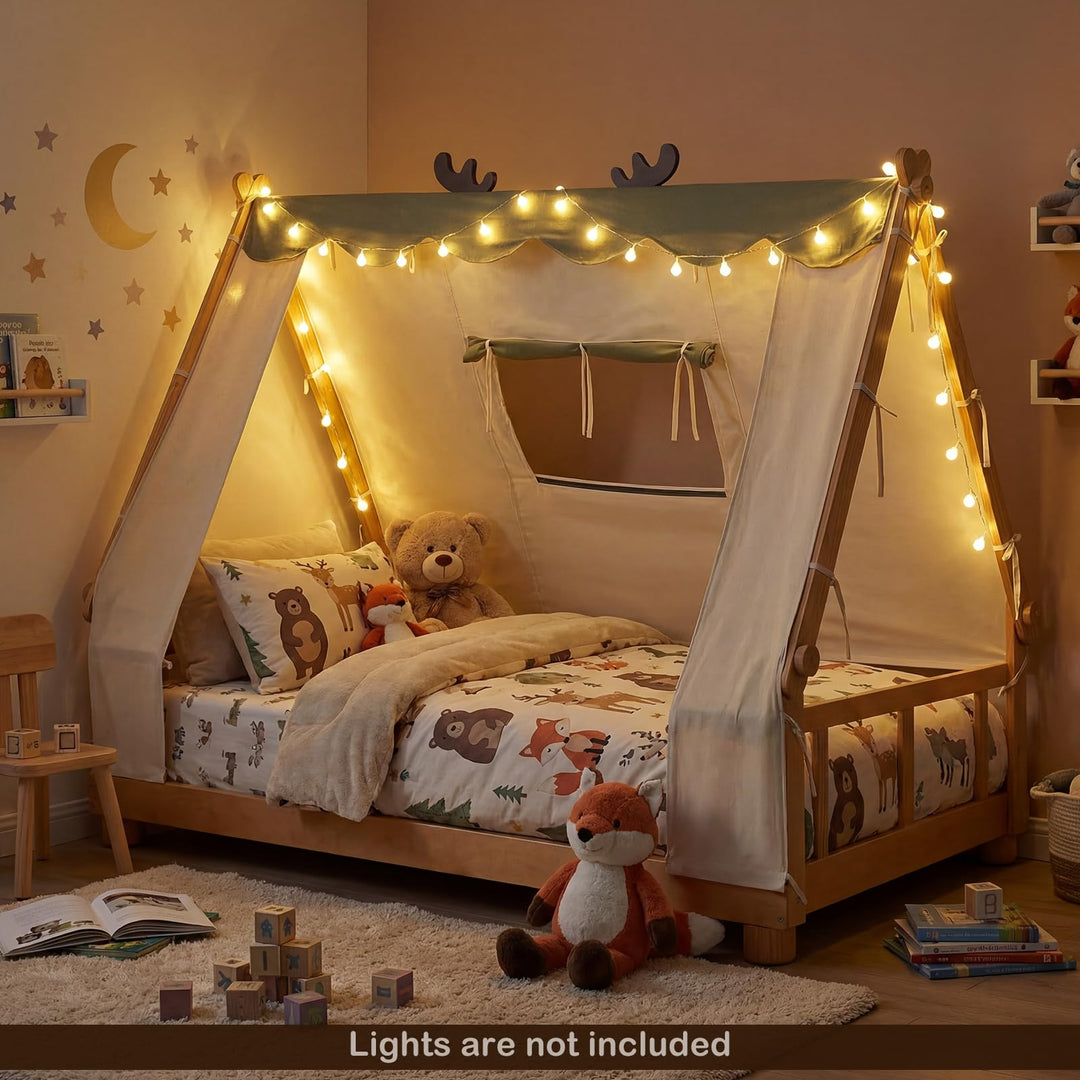Giantex Twin Size House Floor Wood Bed with Tent