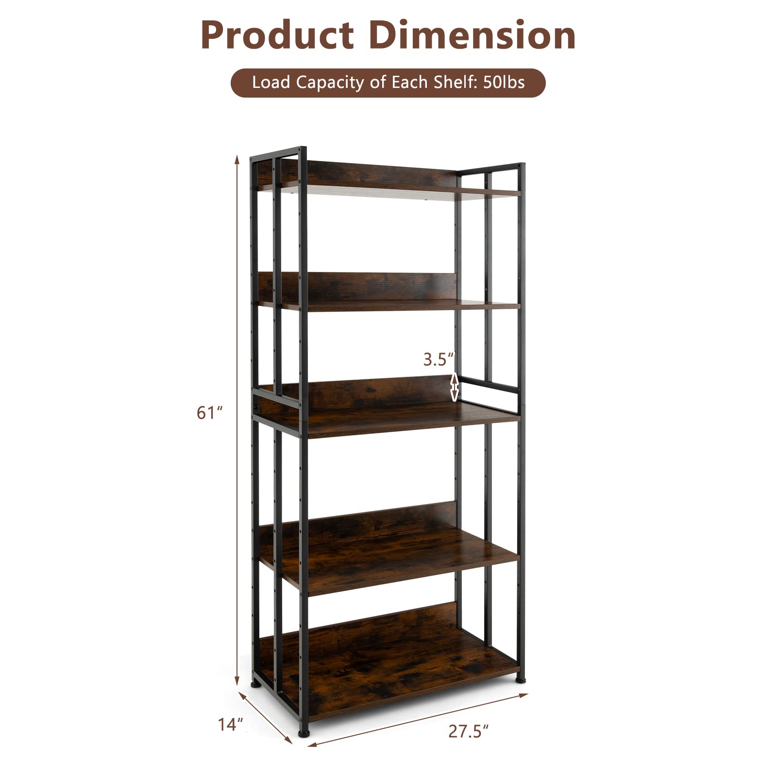 Giantex 5-Tier Industrial Bookshelf Rustic Brown - Metal Frame 61" Tall