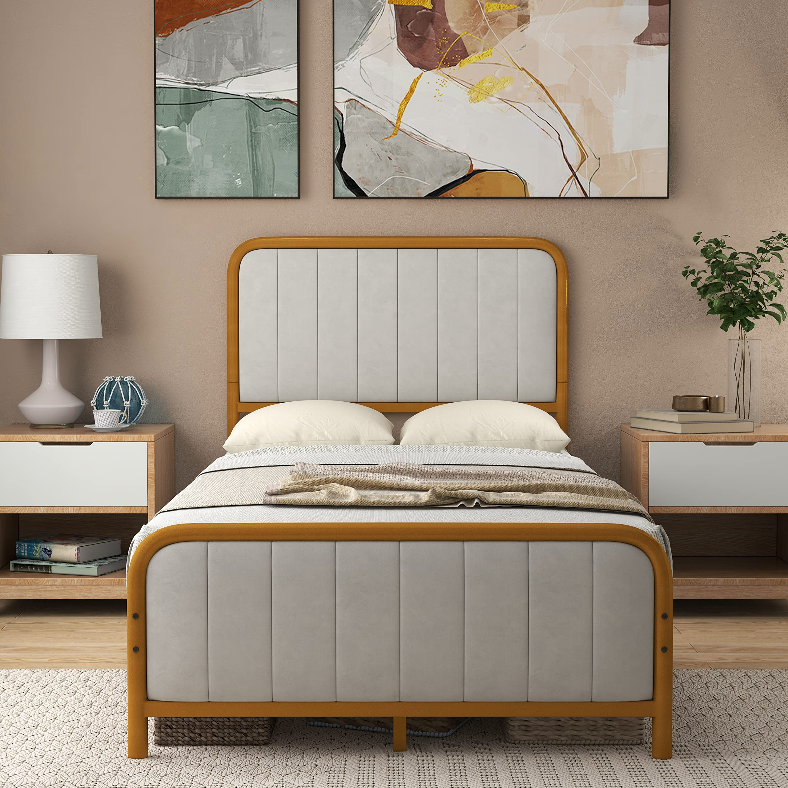 Giantex Twin Size Gold Bed Frame with Velvet Headboard and Footboard, Heavy-duty Metal Slats Support Mattress Foundation