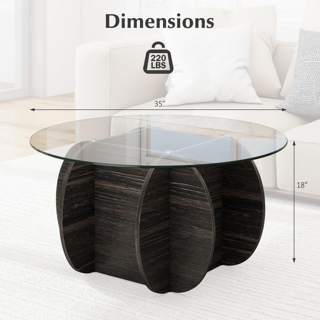Giantex 35" Glass Round Coffee Table with Storage Tempered Glass Top & Solid Wood Base