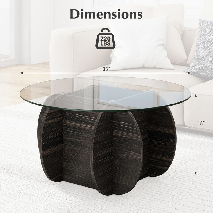 Giantex 35" Glass Round Coffee Table with Storage Tempered Glass Top & Solid Wood Base