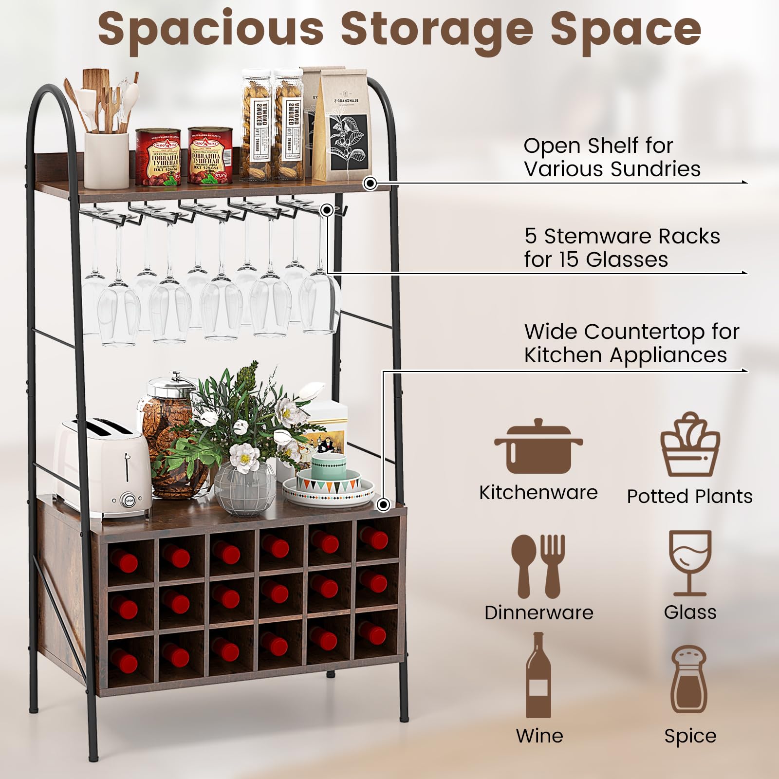 Giantex 18-Bottle Wine Rack Freestanding Floor, Kitchen Baker’s Rack w/ 15 Glasses Holder, Rustic Brown