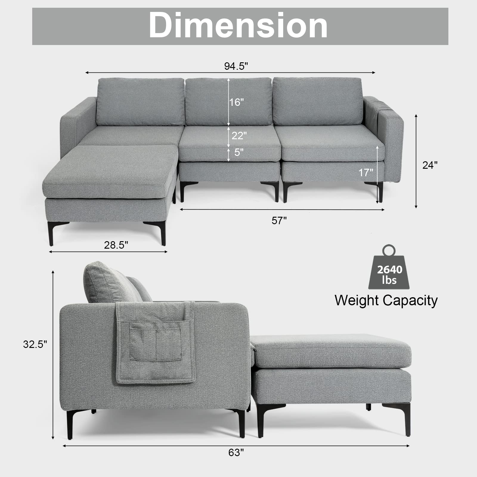 Giantex 94.5" L Convertible Sofa Couch, 3 Seat Sectional Sleeper with USB Ports & Socket