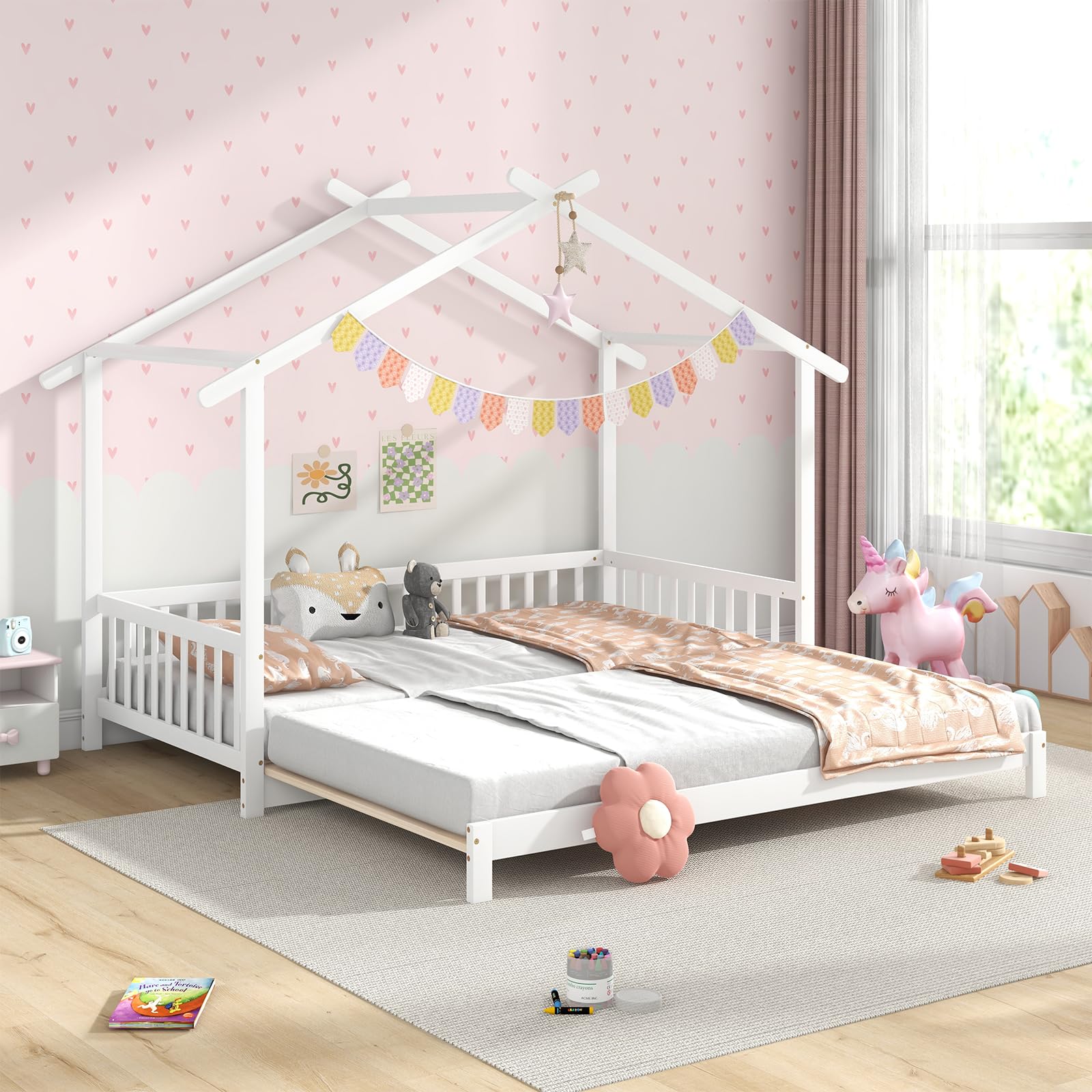 Giantex Extendable House Bed for Kids, Twin to King Daybed with Roof & Fence Rails, Wood Kids Bed Frame for Teens