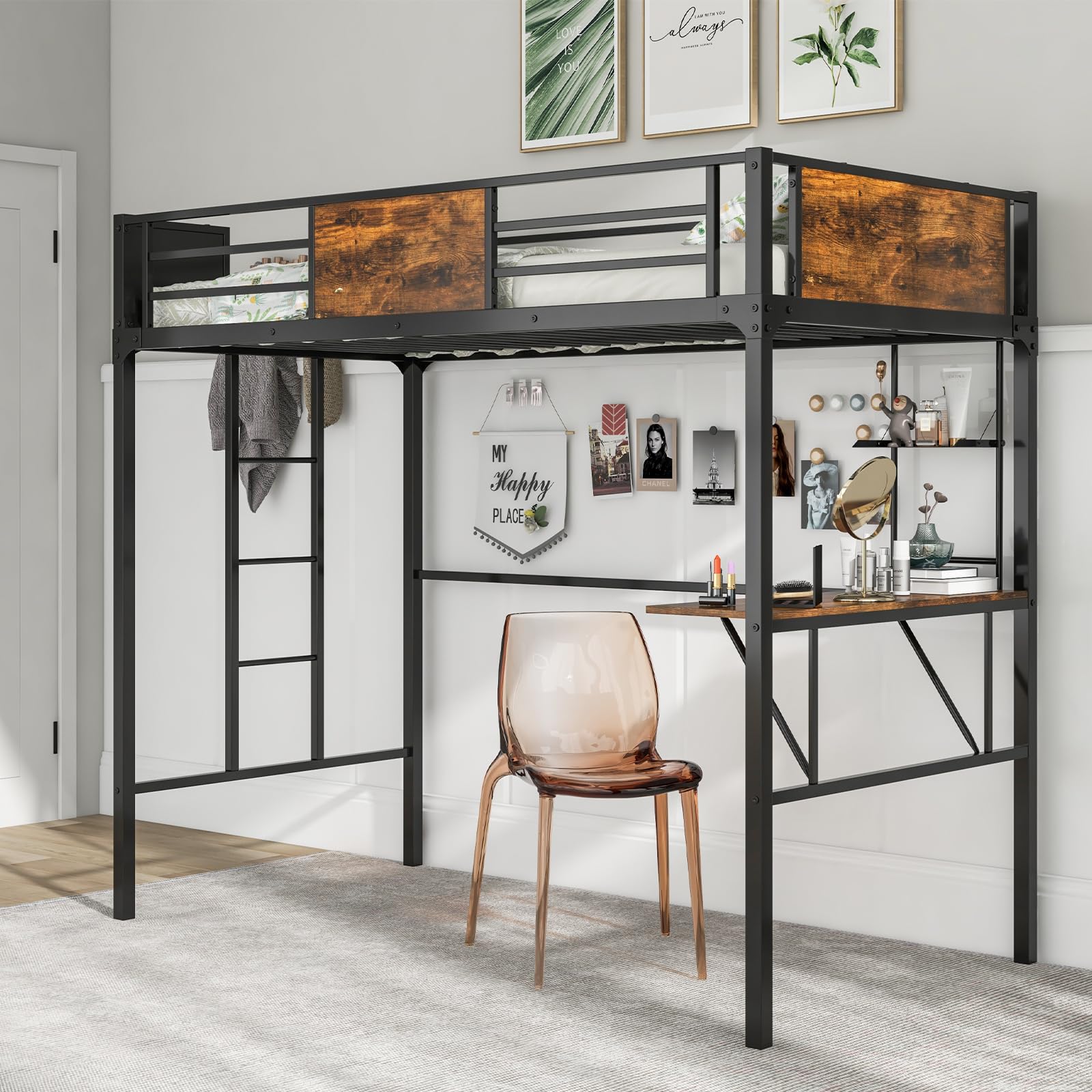 Giantex Loft Bed Twin Size with Desk and Storage Shelf