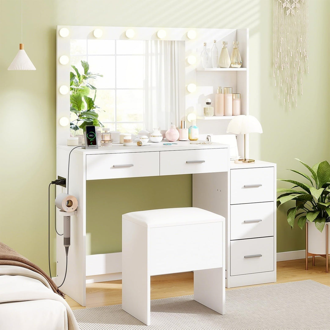 Vanity Desk with Mirror and Lights with Charging Station