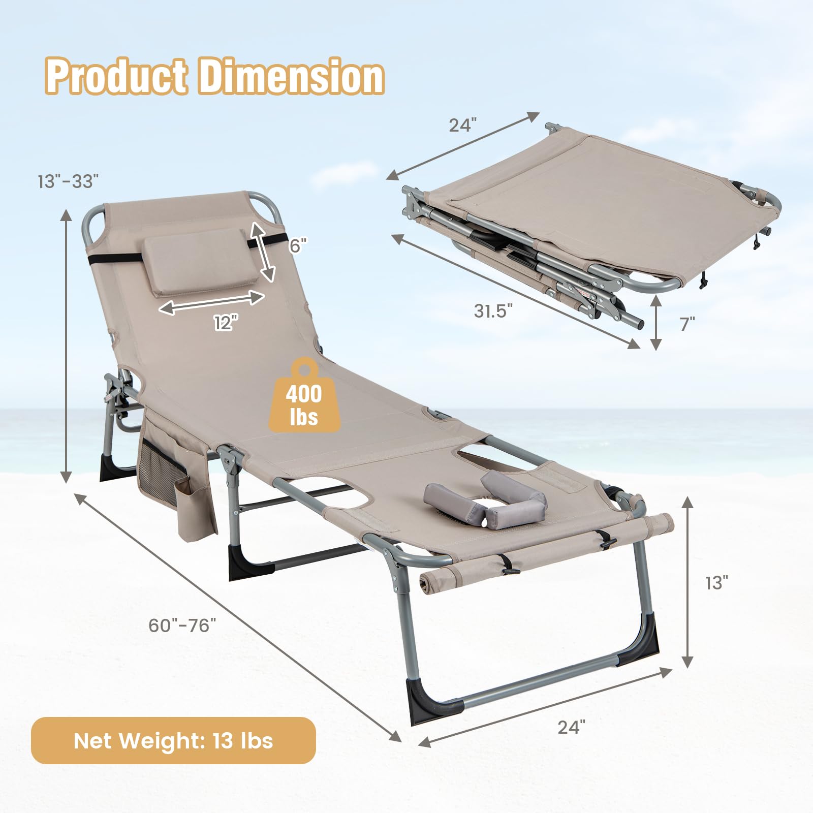 Giantex Folding Beach Tanning Chair - Outdoor Chaise Lounge Chair, 5-Position Adjustable Lounger with Face Hole