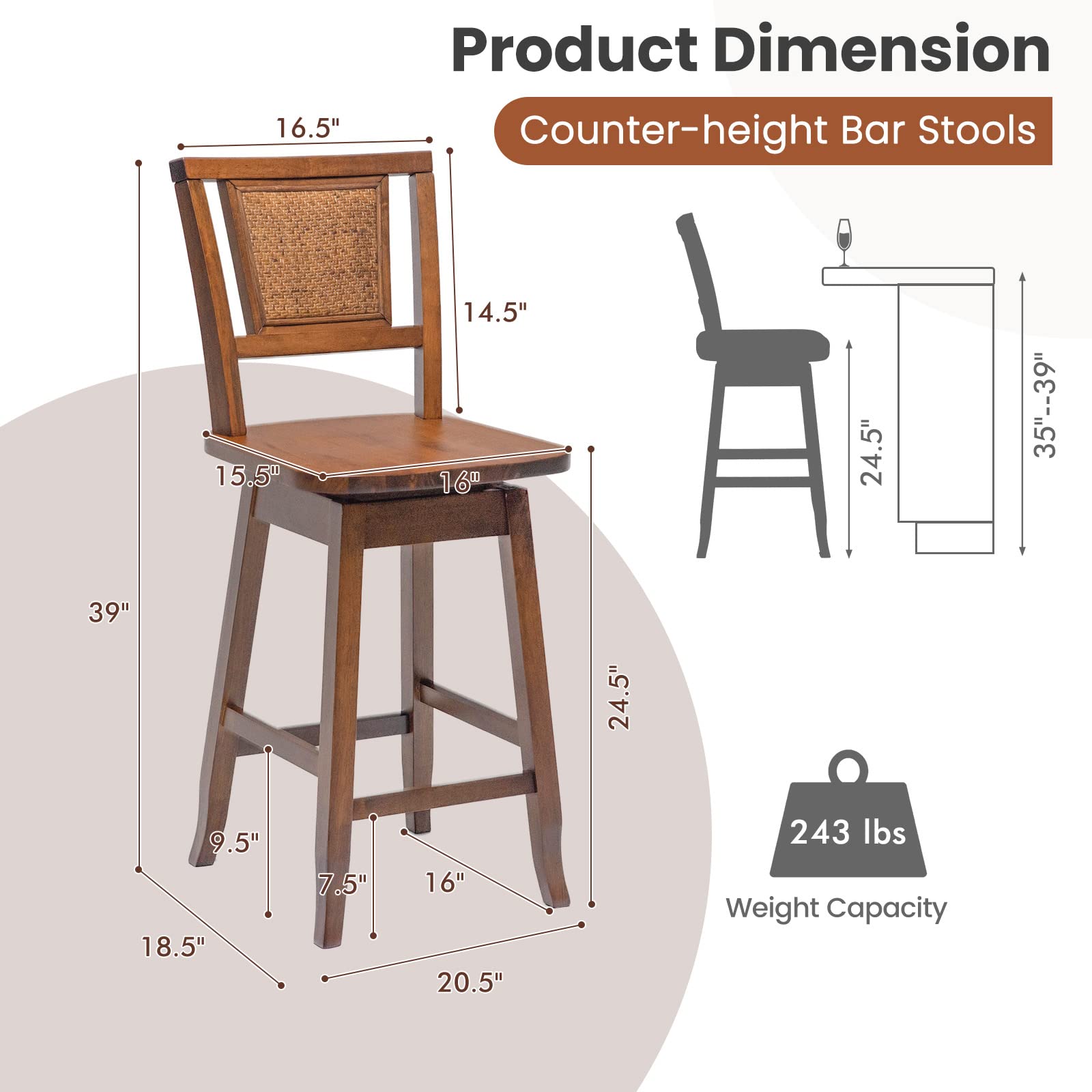 Giantex 24.5 Inch Counter Height Bar Stool with Rattan Back