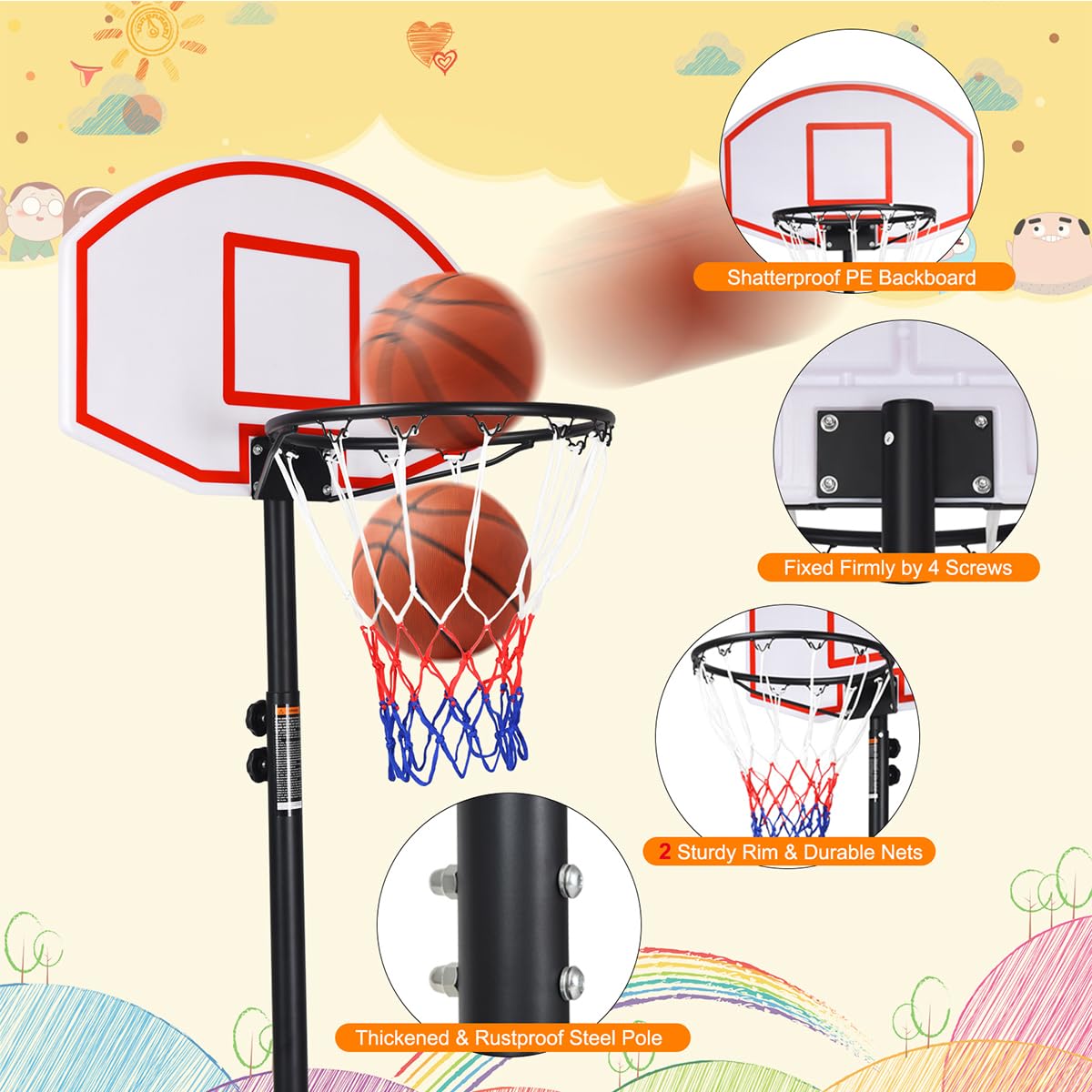 Portable Basketball Hoop w/Wheels, Height Adjustable Basketball Stand