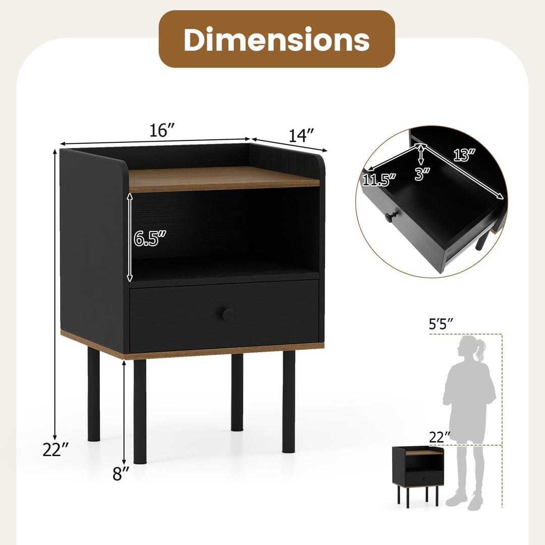 Giantex Wood Night Stand with Drawer - Mid Century Modern Bedside Table