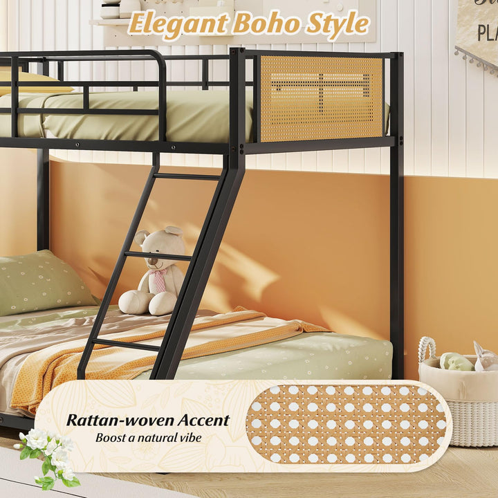 Giantex Twin Over Full Metal Bunk Bed, Boho Rattan Floor Bunkbeds