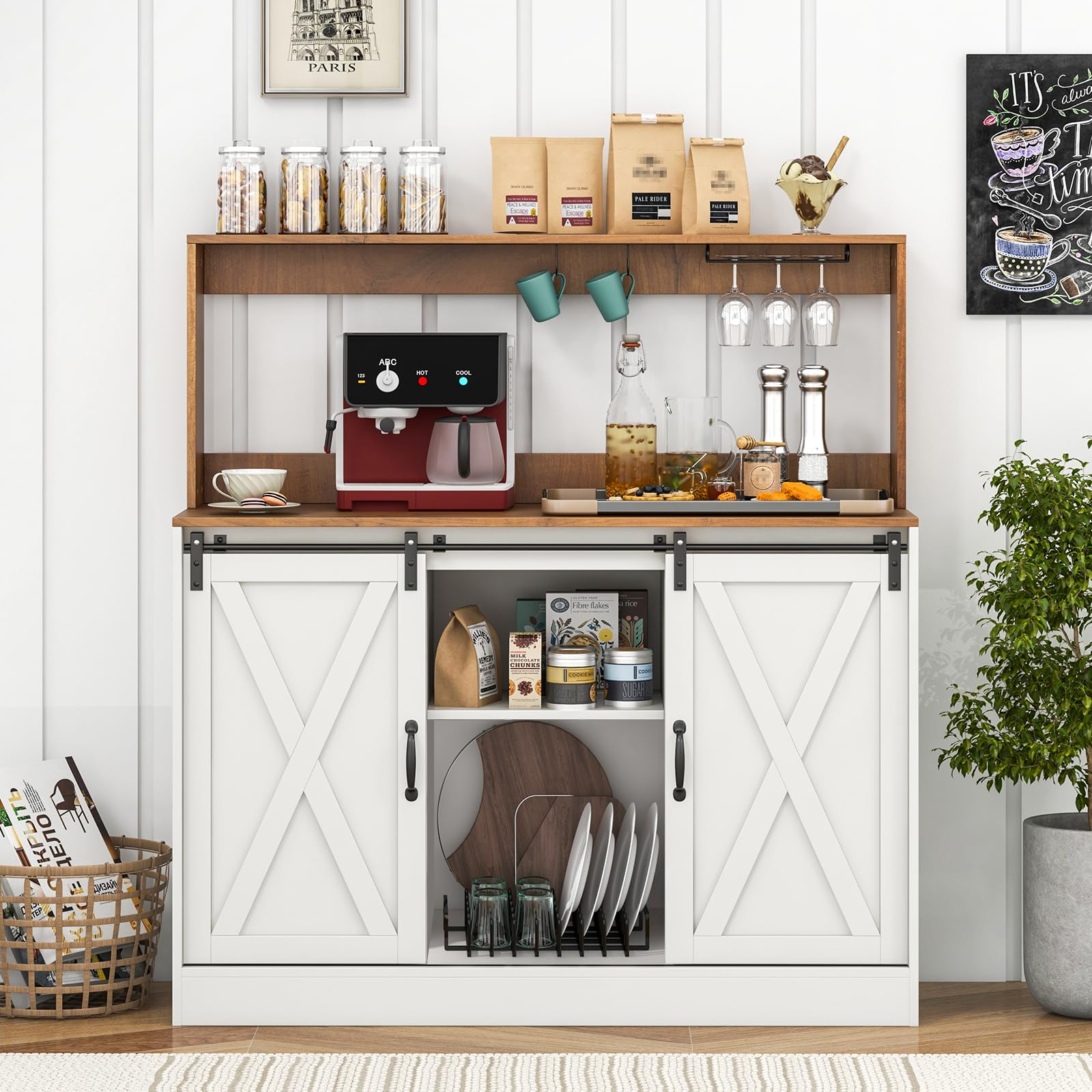 Giantex Farmhouse Buffet Cabinet with Hutch, Charging Station, 9 Bottle Wine Rack, Cup Glass Holder
