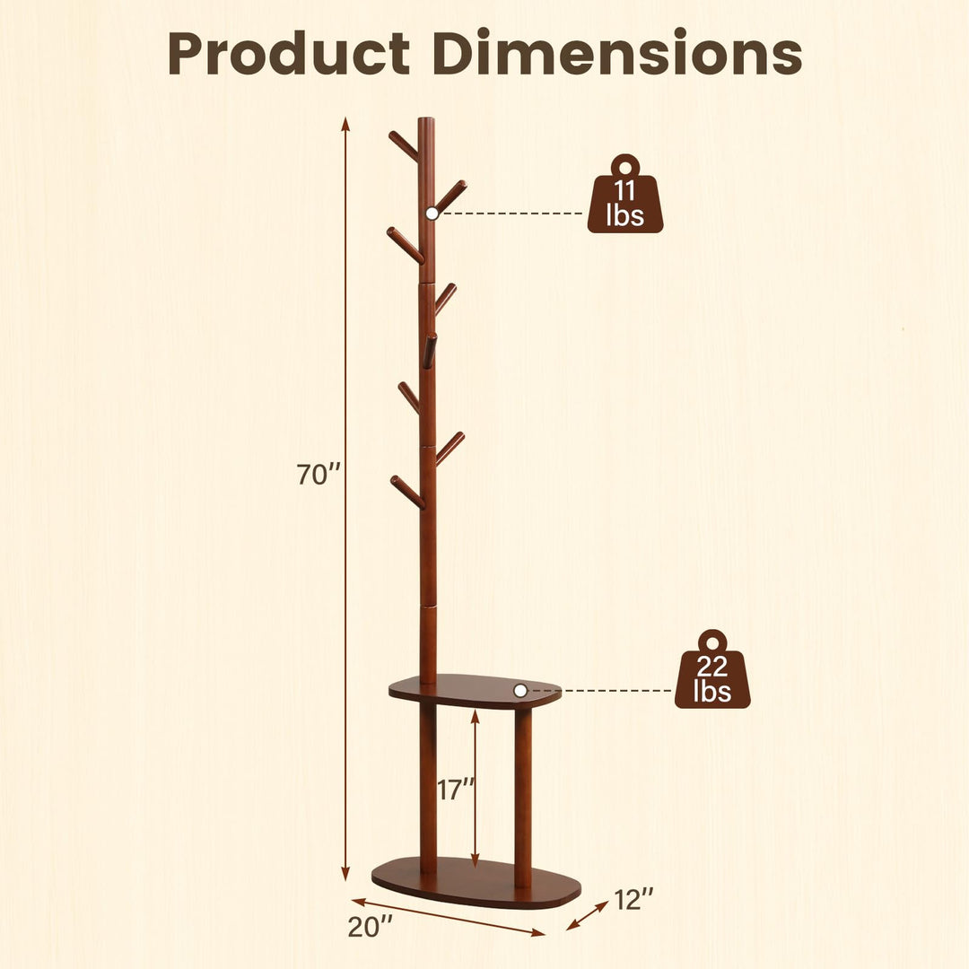 Giantex 70" Solid Wood Clothing Rack with 8 Hooks and 2 Storage Shelves