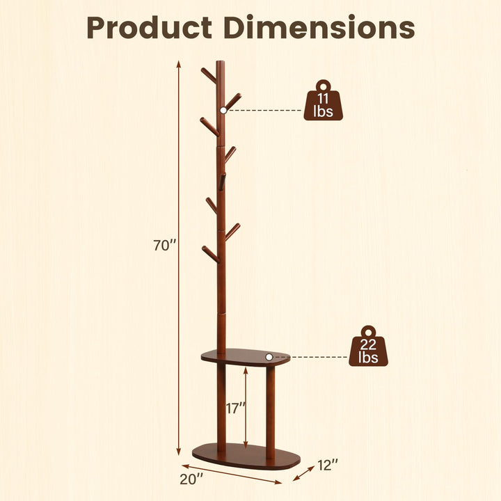 Giantex 70" Solid Wood Clothing Rack with 8 Hooks and 2 Storage Shelves