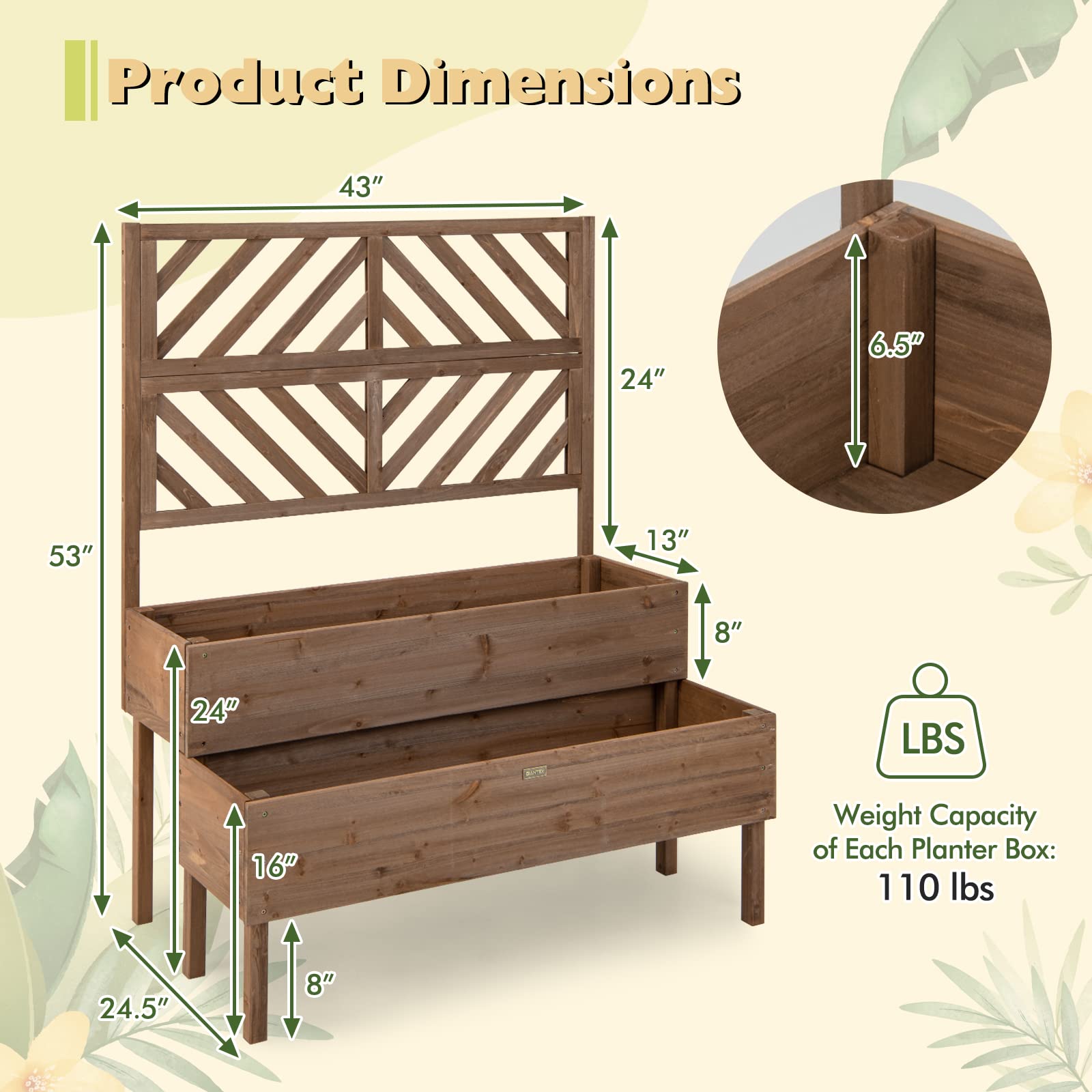 Giantex Raised Garden Bed with Trellis, 2-Tier Wooden Planter Box with Legs and Drain Holes (Brown)