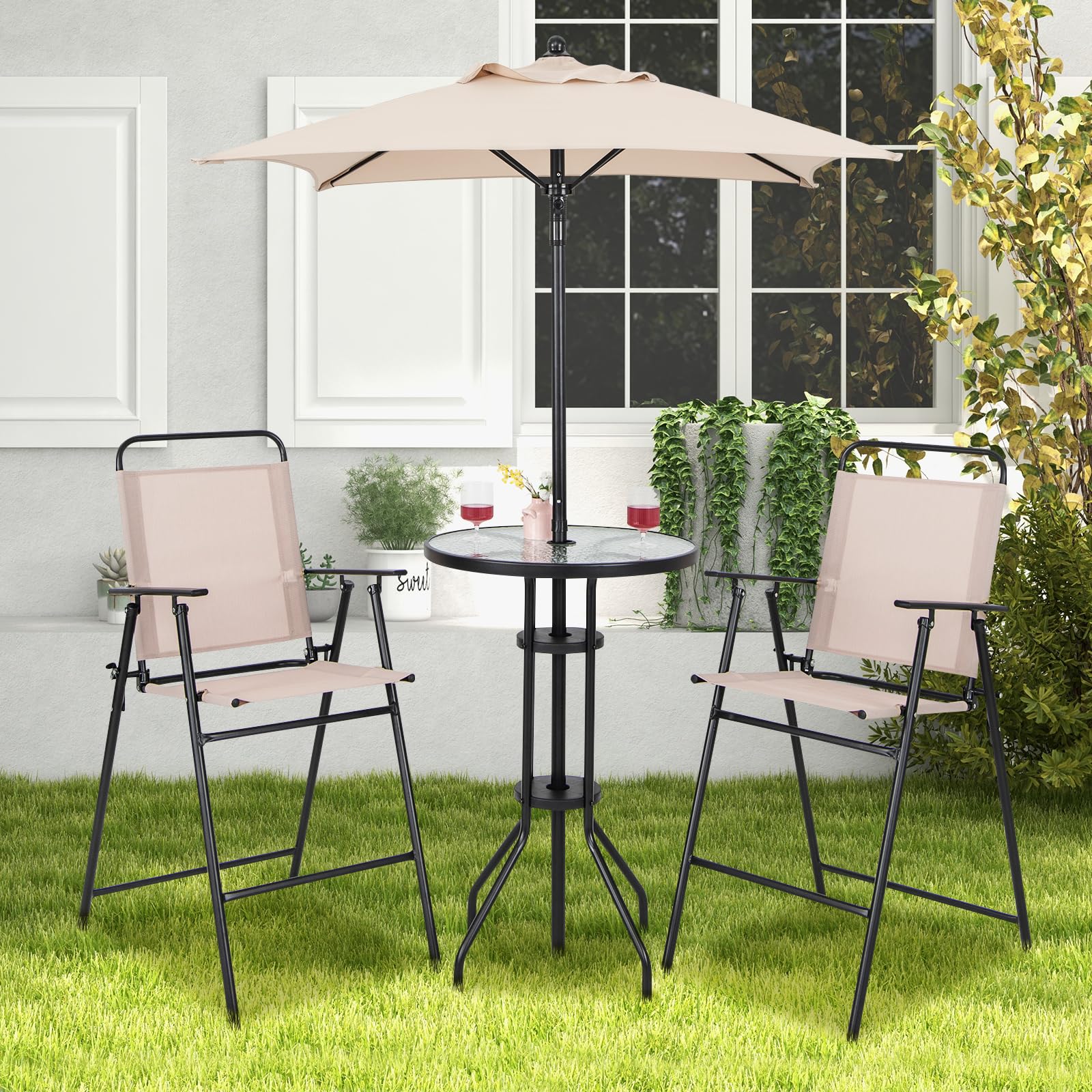 Giantex 4-Piece Outdoor Bar Set, Round High Top Bar Table with 2 Folding Counter Height Chairs & Umbrella