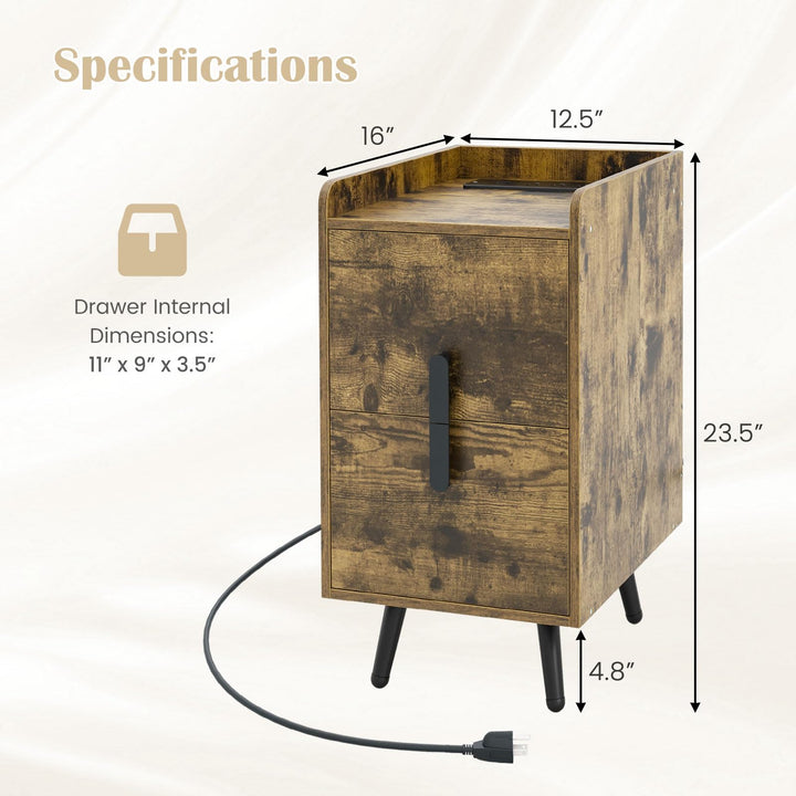 Giantex Nightstand with Charging Station, Narrow End Table with 2 Drawers & Metal Gold Legs