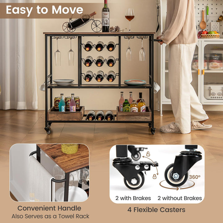 Giantex Bar Cart, 3 Tier Home Serving Cart on Wheels with Handle